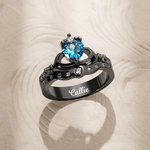 Personalized Dainty Crown Heart Birthstone Ring with Engraved Name and Shiny Zircon Birthday Anniversary Gift for Women