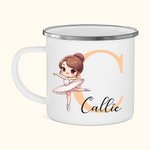 Personalized Cartoon Ballerina Dance Girl 12oz Colored Rim Enamel Cup with Initial and Name Birthday Gift for Girls Ballet Lovers