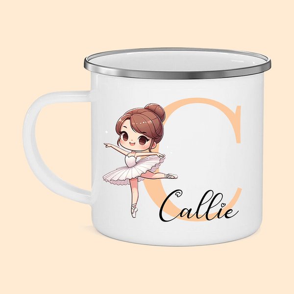 Personalized Cartoon Ballerina Dance Girl 12oz Colored Rim Enamel Cup with Initial and Name Birthday Gift for Girls Ballet Lovers