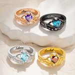 Personalized Dainty Crown Heart Birthstone Ring with Engraved Name and Shiny Zircon Birthday Anniversary Gift for Women