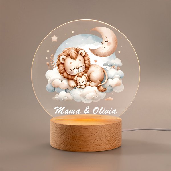 Gepersonaliseerd Mama Baby LED Nachtlampje met Houten Basis en Naam Dier Dromerige Maan Wolk Kinderkamer Decor Verjaardagscadeau voor Kinderen