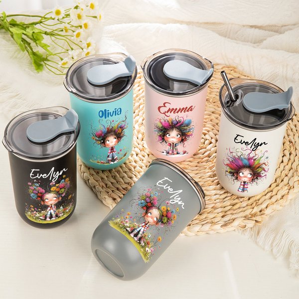 Personalized Whimsical Quirky Girl Name 12oz Lowball Insulated Tumbler with Flip Lid and Straw Birthday Holiday Gift for Women Girls
