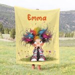 Personalized Multicolor Quirky Cartoon Girl Soft Throw Blanket with Name Home Decor Birthday Gift for Girls Women