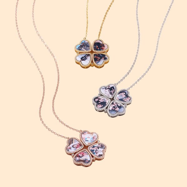 Collier Personnalisé avec 4 Photos Pendentif en Forme de Cœur et Trèfle à Quatre Feuilles Bijoux en Zircon Cadeau Anniversaire pour Femme Famille