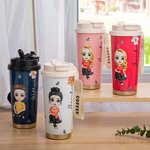 Personalisierter Isolierter Cartoon Figur Reise Kaffeebecher 500ml mit Auslaufsicheren Deckel Silikon Strohhalm Geburtstag Geschenk für Damen Kinder