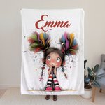 Personalized Multicolor Quirky Cartoon Girl Soft Throw Blanket with Name Home Decor Birthday Gift for Girls Women