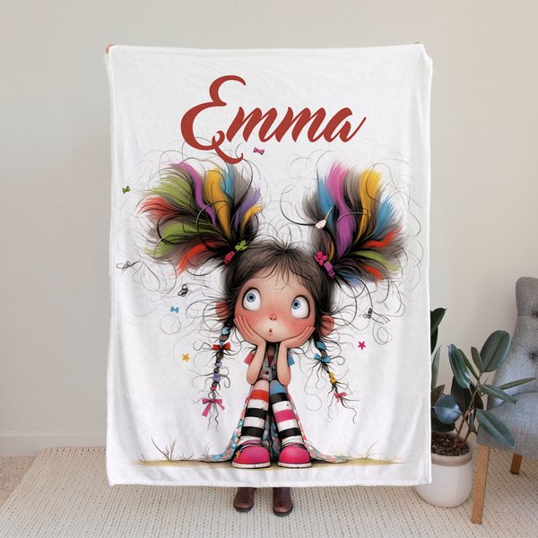 Gepersonaliseerde Multicolor Quirky Cartoon Girl Zachte Deken met Naam Home Decor Verjaardagscadeau voor Meisjes Vrouwen