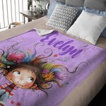 Personalized Multicolor Quirky Cartoon Girl Soft Throw Blanket with Name Home Decor Birthday Gift for Girls Women