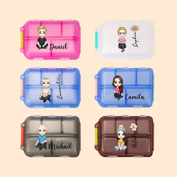 Personalised Birth Flower Cartoon 10 Compartments Pocket Pharmacy Travel Daily Pill Organizer with Name and Medication Labels Gift for Family Friend