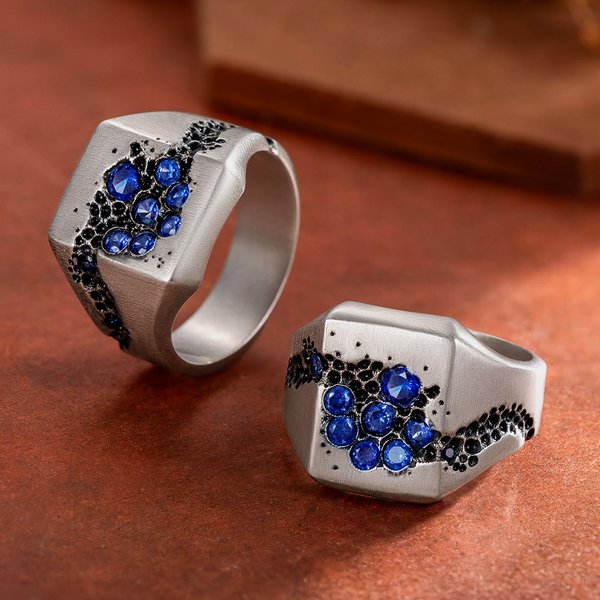 Personalised Handmade Blue Sapphire Signet Ring with Engraved Name Father's Day Birthday Gift for Father Men