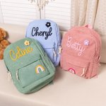 Personalised Braided Flower Rainbow Name Corduroy Kid Toddler Backpack for Preschool Kindergarten Birthday Back to School Gift for Boys Girls