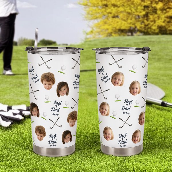 Personalized Best Dad By Par Golf Theme Face Photo 20oz Insulated Tumbler with Lid and Straw Birthday Sports Gift for Family Golf Players