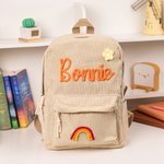Personalised Braided Flower Rainbow Name Corduroy Kid Toddler Backpack for Preschool Kindergarten Birthday Back to School Gift for Boys Girls