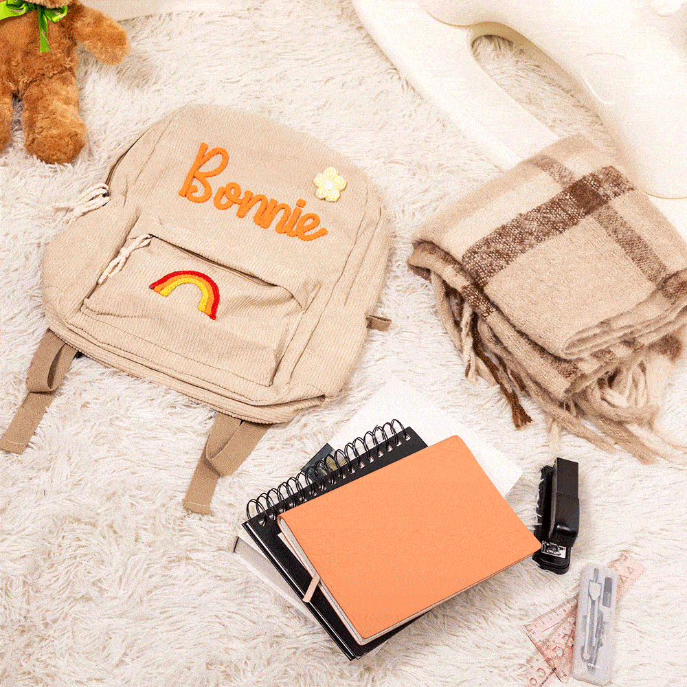Personalised Braided Flower Rainbow Name Corduroy Kid Toddler Backpack for Preschool Kindergarten Birthday Back to School Gift for Boys Girls