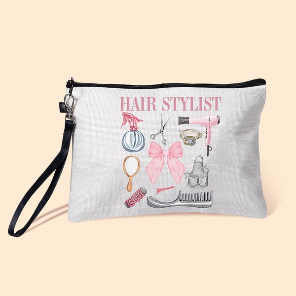 Personalized Coquette Bow Hair Stylist Tools Linen Makeup Bag with Text and Wrist Strap Birthday Gift for Hairstylist Barber Hairdresser