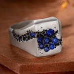 Personalized Handmade Blue Sapphire Signet Ring with Engraved Name Father's Day Birthday Gift for Father Men