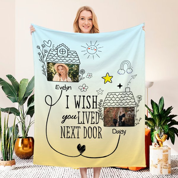 Personalisierte ich wünschte, Sie lebte nebenan weiche Foto werfen Decke mit Namen und 2 Fotos Home Decor Geburtstag Abschied Freundschaft Geschenk für Freunde