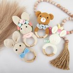 Personalized Baby-safe Cute Animal Rabbit Bear Crochet Baby Rattle with Engraved Name Baby Shower Gift for Newborn