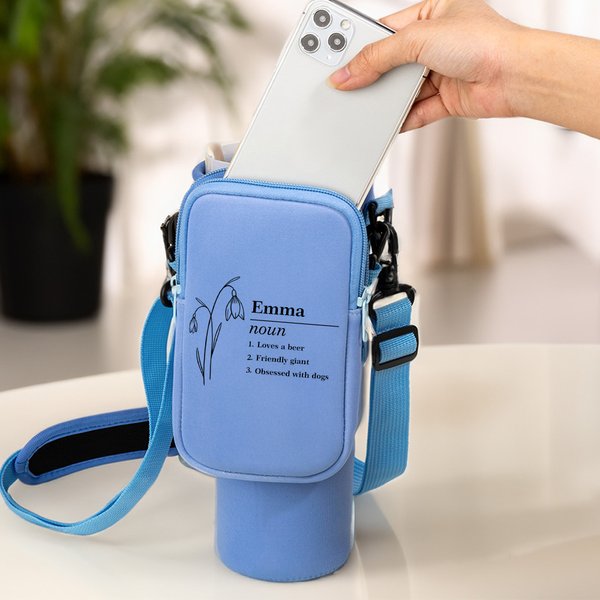 Personalized Birth Flower Water Bottle Carrier Bag with Name Definition and Pouch Cup Accessories for 40oz Stanley Birthday Gift for Women
