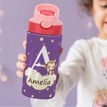 Personalised Initial Cute Forest Animal 12oz Kid Insulated Name Water Bottle with Handle and Silicone Straw Birthday Back To School Gift for Boy Girl