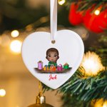 Personalized Cute Cartoon Reindeer Elf Girl Boy Receiving Gift Box Christmas Ceramic Ornament with Name Holiday Tree Decor Birthday Gift for Kids