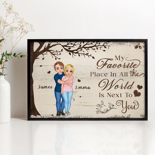 Gepersonaliseerd Boom Hart Cartoon Karakter Knuffelen Canvas Schilderij met Naam Home Decor Valentijnsdag Cadeau voor Paar
