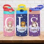 Personalised Initial Cute Forest Animal 12oz Kid Insulated Name Water Bottle with Handle and Silicone Straw Birthday Back To School Gift for Boy Girl
