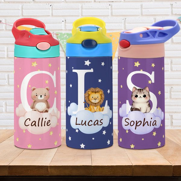 Personalised Initial Cute Forest Animal 12oz Kid Insulated Name Water Bottle with Handle and Silicone Straw Birthday Back To School Gift for Boy Girl