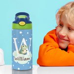 Personalised Initial Cute Forest Animal 12oz Kid Insulated Name Water Bottle with Handle and Silicone Straw Birthday Back To School Gift for Boy Girl