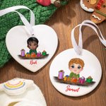 Personalized Cute Cartoon Reindeer Elf Girl Boy Receiving Gift Box Christmas Ceramic Ornament with Name Holiday Tree Decor Birthday Gift for Kids