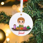 Personalized Cute Cartoon Reindeer Elf Girl Boy Receiving Gift Box Christmas Ceramic Ornament with Name Holiday Tree Decor Birthday Gift for Kids