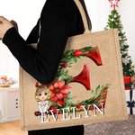 Spersonalizowana torba jutowa z imieniem i nazwiskiem Holly Floral Initial Cartoon Character Duży prezent świąteczny dla rodziny i dzieci