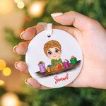 Personalized Cute Cartoon Reindeer Elf Girl Boy Receiving Gift Box Christmas Ceramic Ornament with Name Holiday Tree Decor Birthday Gift for Kids