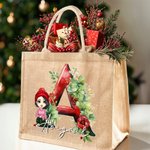 Spersonalizowana torba jutowa z imieniem i nazwiskiem Holly Floral Initial Cartoon Character Duży prezent świąteczny dla rodziny i dzieci