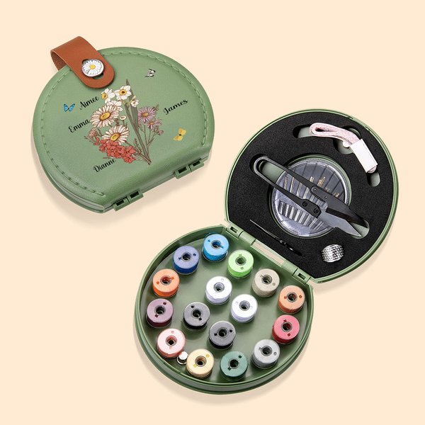 Personalised Birth Flower Sewing Tools Kit Storage Box with 1-10 Names Travel Accessory Birthday Anniversary Gift for Sewing Lovers