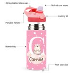Personalised Initial Cute Forest Animal 12oz Kid Insulated Name Water Bottle with Handle and Silicone Straw Birthday Back To School Gift for Boy Girl