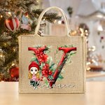 Spersonalizowana torba jutowa z imieniem i nazwiskiem Holly Floral Initial Cartoon Character Duży prezent świąteczny dla rodziny i dzieci