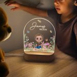 Spersonalizowana lampka nocna LED w kształcie kwiatka z drewnianą podstawą i imieniem Prezent urodzinowy dla dziewczynek i chłopców