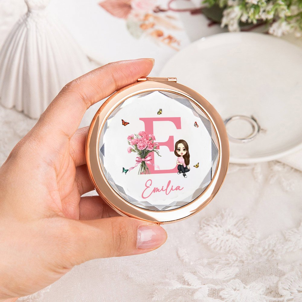 Personalized Birth Flower Cartoon Character Pocket Makeup Mirror with Name and Initial Birthday Bridesmaid Gift for Women Girls 2