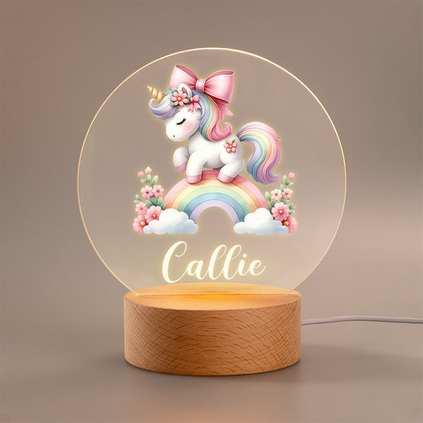 Personalisierte Regenbogen Floral Fantasy Einhorn LED-Nachtlicht mit hölzernen Basis und Name Kinderzimmer Kind Zimmer Dekoration Geburtstag Baby Dusche Geschenk für Mädchen
