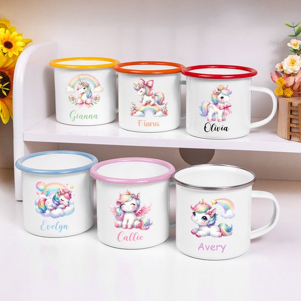 Personlig flerfarget Rainbow Fantasy Unicorn 12oz emaljekrus med navn Bursdagsgave til barn og familie