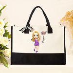 Personalised Golf Cartoon Character Large Canvas Tote Bag with Name and Birth Flower Travel Essentials Birthday Gift for Golf Lovers Women