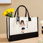 Personalised Golf Cartoon Character Large Canvas Tote Bag with Name and Birth Flower Travel Essentials Birthday Gift for Golf Lovers Women
