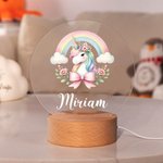 Personalisierte Regenbogen Floral Fantasy Einhorn LED-Nachtlicht mit hölzernen Basis und Name Kinderzimmer Kind Zimmer Dekoration Geburtstag Baby Dusche Geschenk für Mädchen