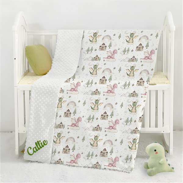 Personalized Cute Cartoon Dragon Castle Soft Baby Security Blanket with Dotted Backing and Embroidery Name Baby Shower Birthday Gift for Boys Girls