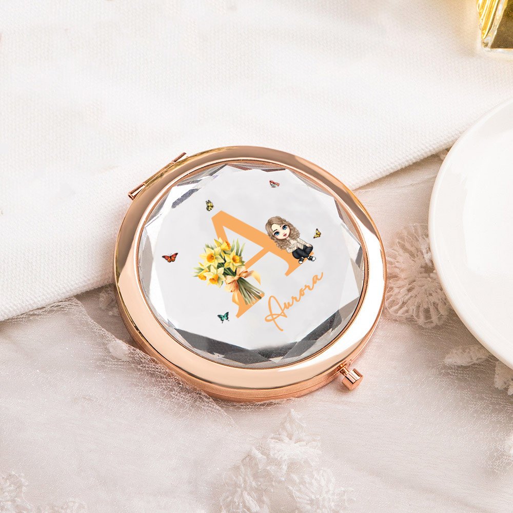 Personalized Birth Flower Cartoon Character Pocket Makeup Mirror with Name and Initial Birthday Bridesmaid Gift for Women Girls 5