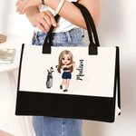 Personalised Golf Cartoon Character Large Canvas Tote Bag with Name and Birth Flower Travel Essentials Birthday Gift for Golf Lovers Women