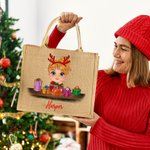 Personalizzato Cute Cartoon Reindeer Elf Girl Boy Receiving Gift Box Jute Tote Bag con nome Christmas Party Birthday Gift for Kids