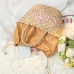 Sac à Cordon Personnalisé avec Nom Sac en Paille de Style Bohême Cadeau Voyage Anniversaire pour Femme