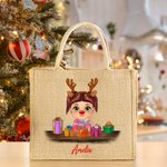 Personalizzato Cute Cartoon Reindeer Elf Girl Boy Receiving Gift Box Jute Tote Bag con nome Christmas Party Birthday Gift for Kids